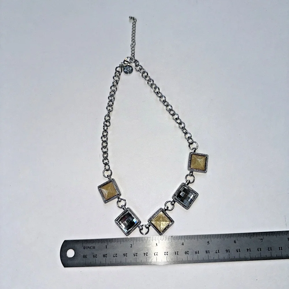 White House Black Market Necklace Women OS Silver Gold Excellent Square Crystal